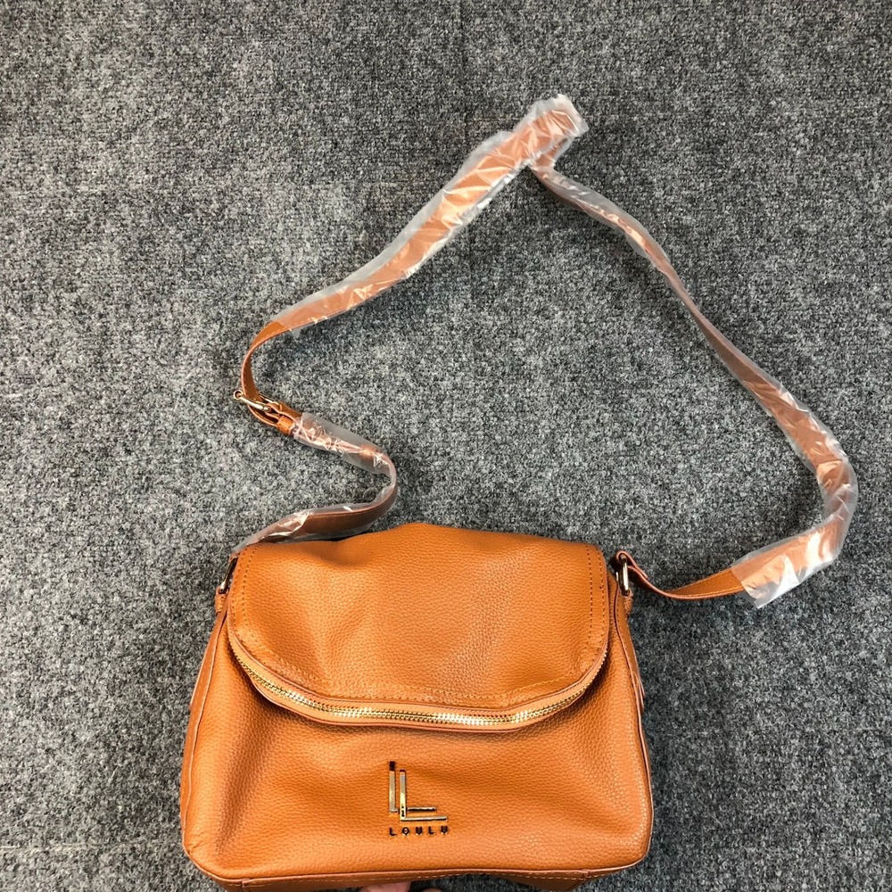 Loulu Tan Pebbled Faux Leather Foldover Crossbody Bag Gold Logo Strap